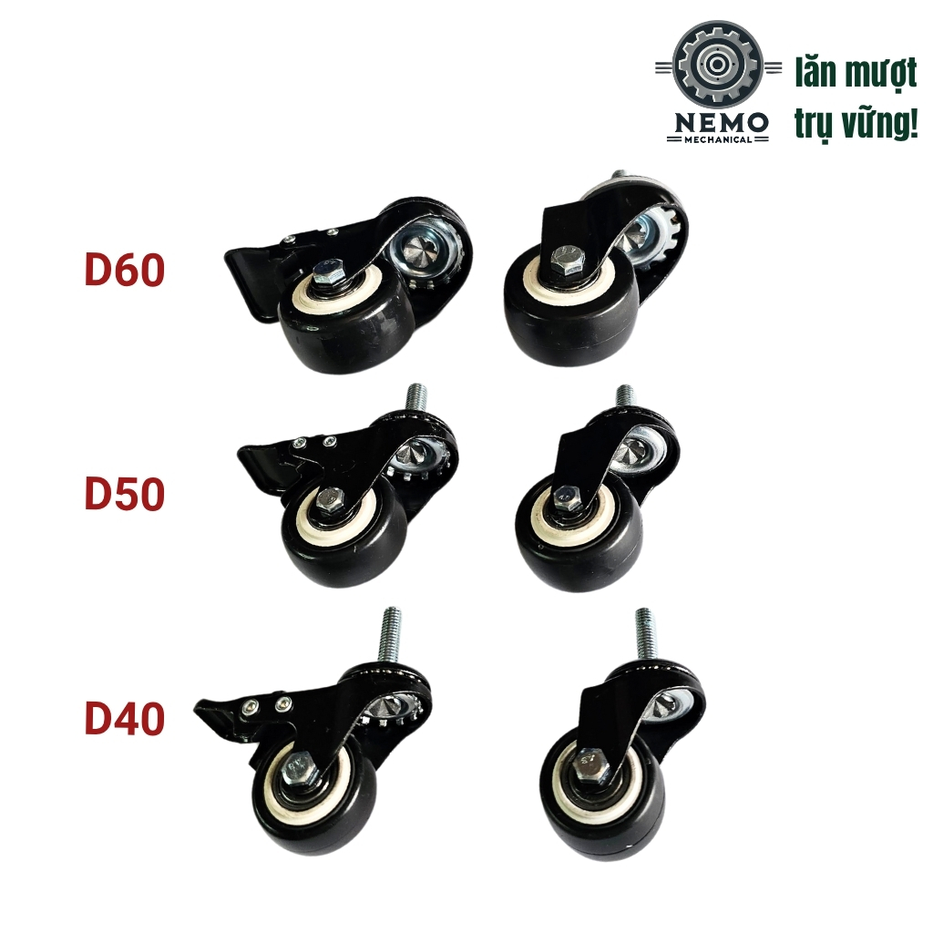 Bánh xe đẩy hàng đen trắng, loại cọc vít, có bạc đạn, đường kính bánh 4cm và 5cm, 40-50kg/1bánh